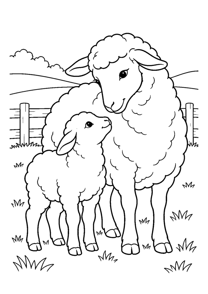 子羊を見守る母羊を大きく描いた高齢者向けの白黒塗り絵