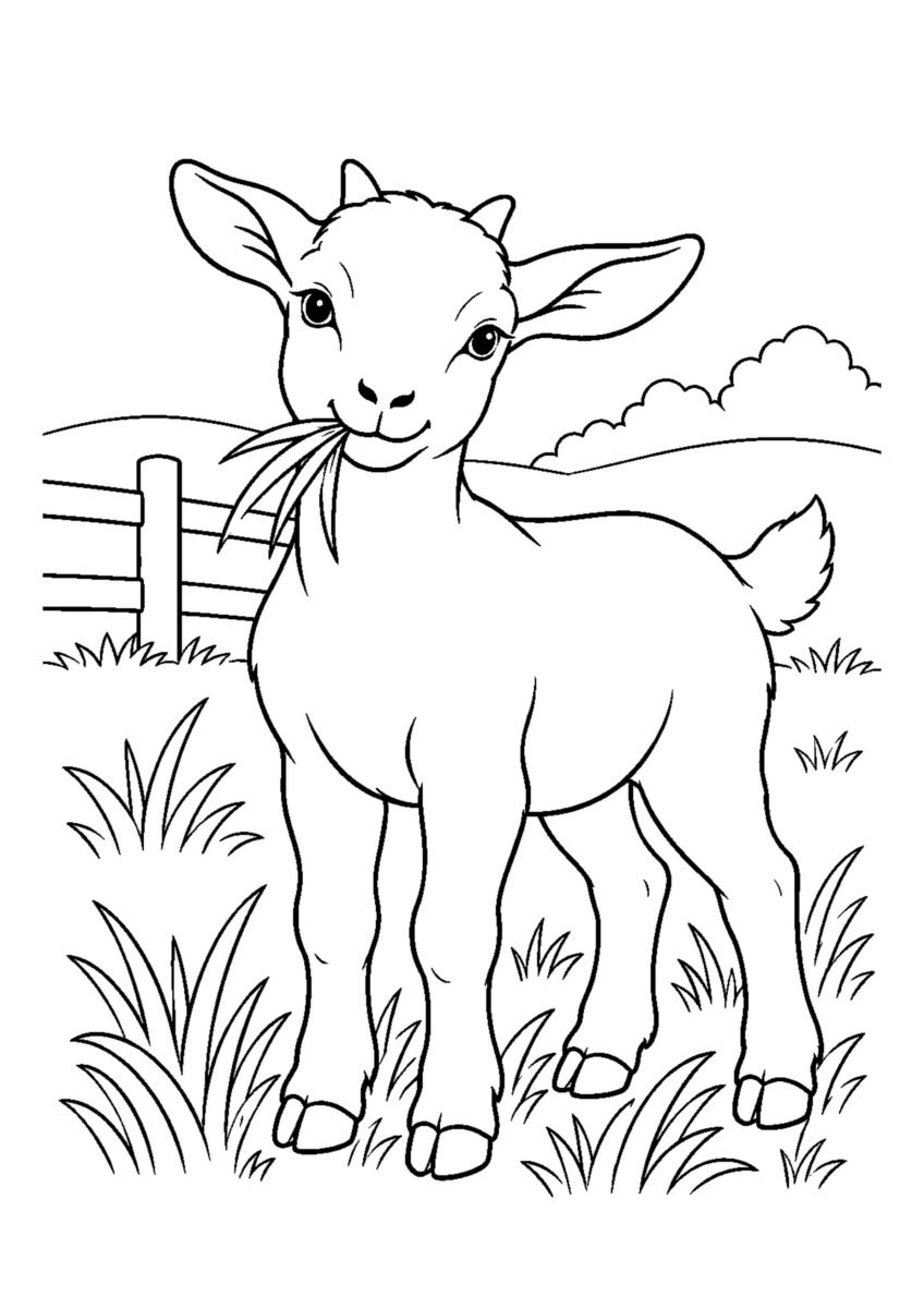 子やぎと牧草を大きく描いた高齢者向けの白黒塗り絵