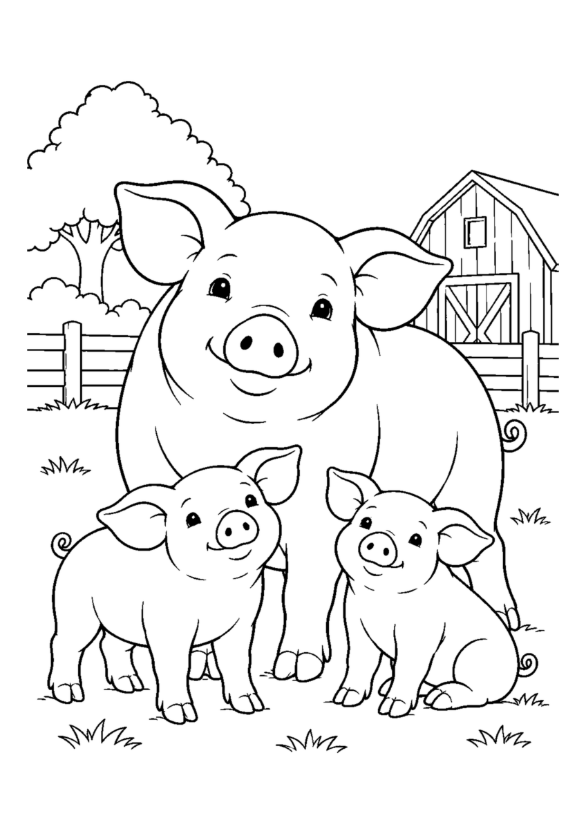 親豚と子豚を大きく描いた高齢者向けの白黒塗り絵