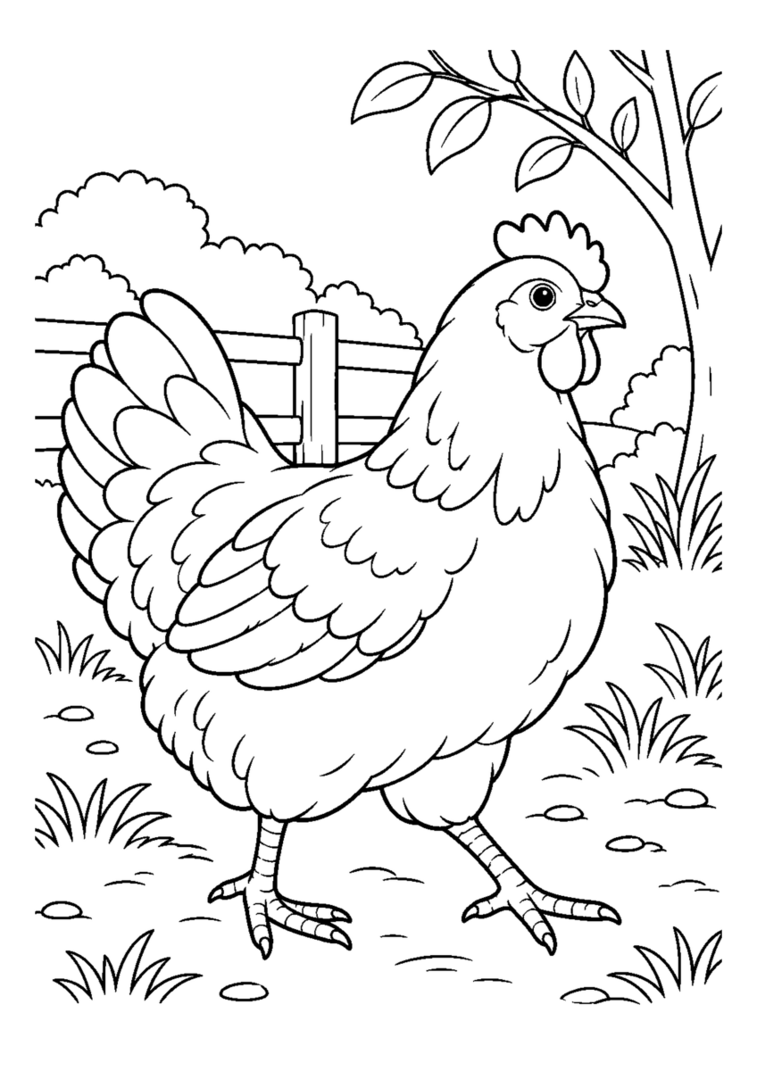庭を歩くにわとりを大きく描いた高齢者向けの白黒塗り絵