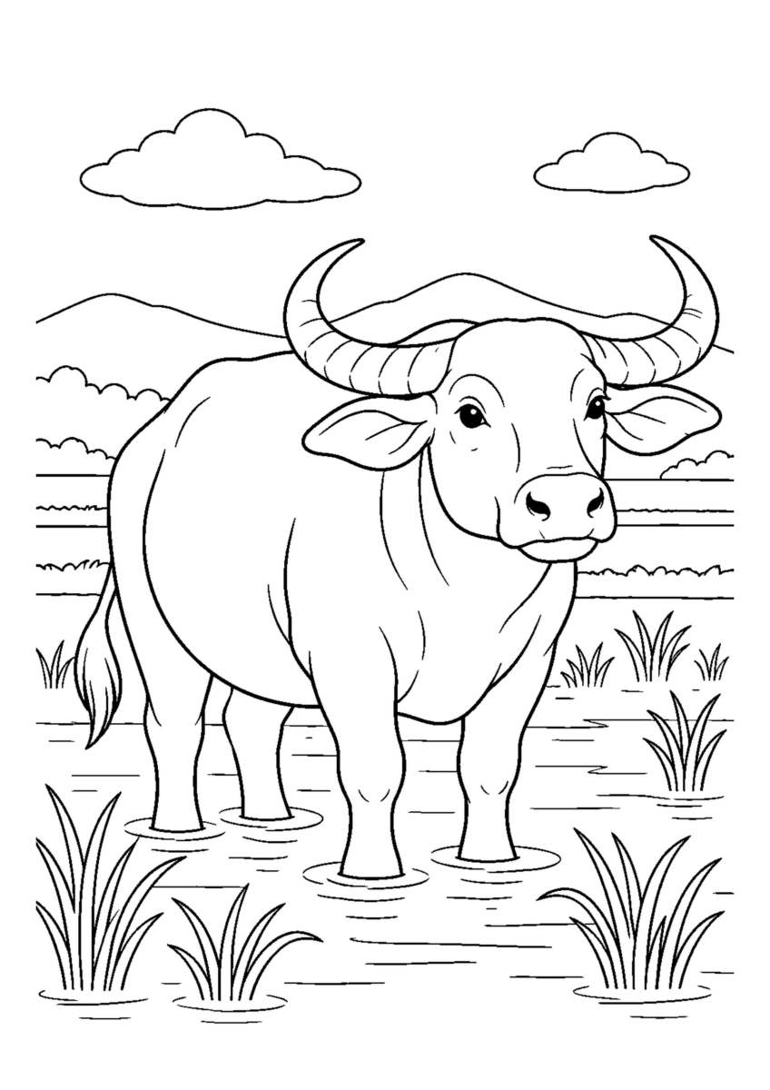 田んぼ道の水牛を大きく描いた高齢者向けの白黒塗り絵