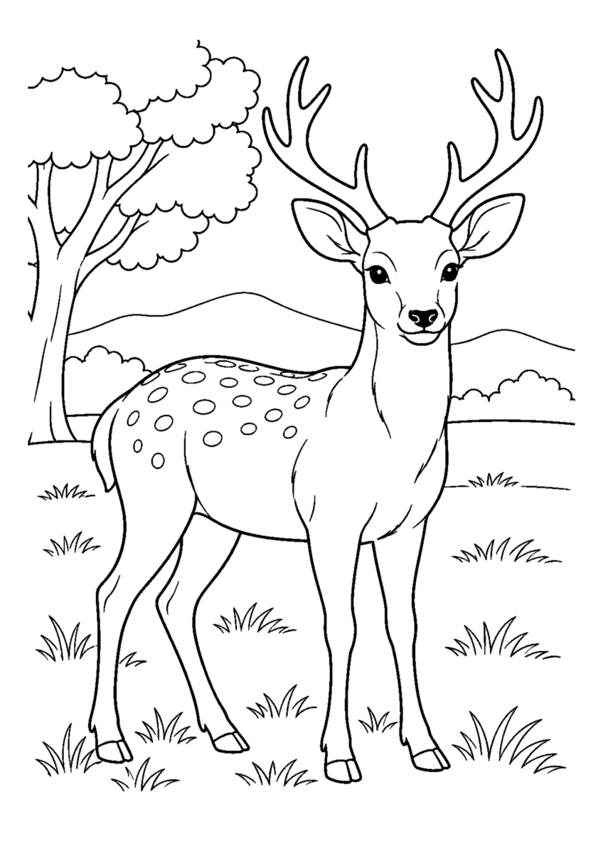 奈良の野原の鹿を大きく描いた高齢者向けの白黒塗り絵