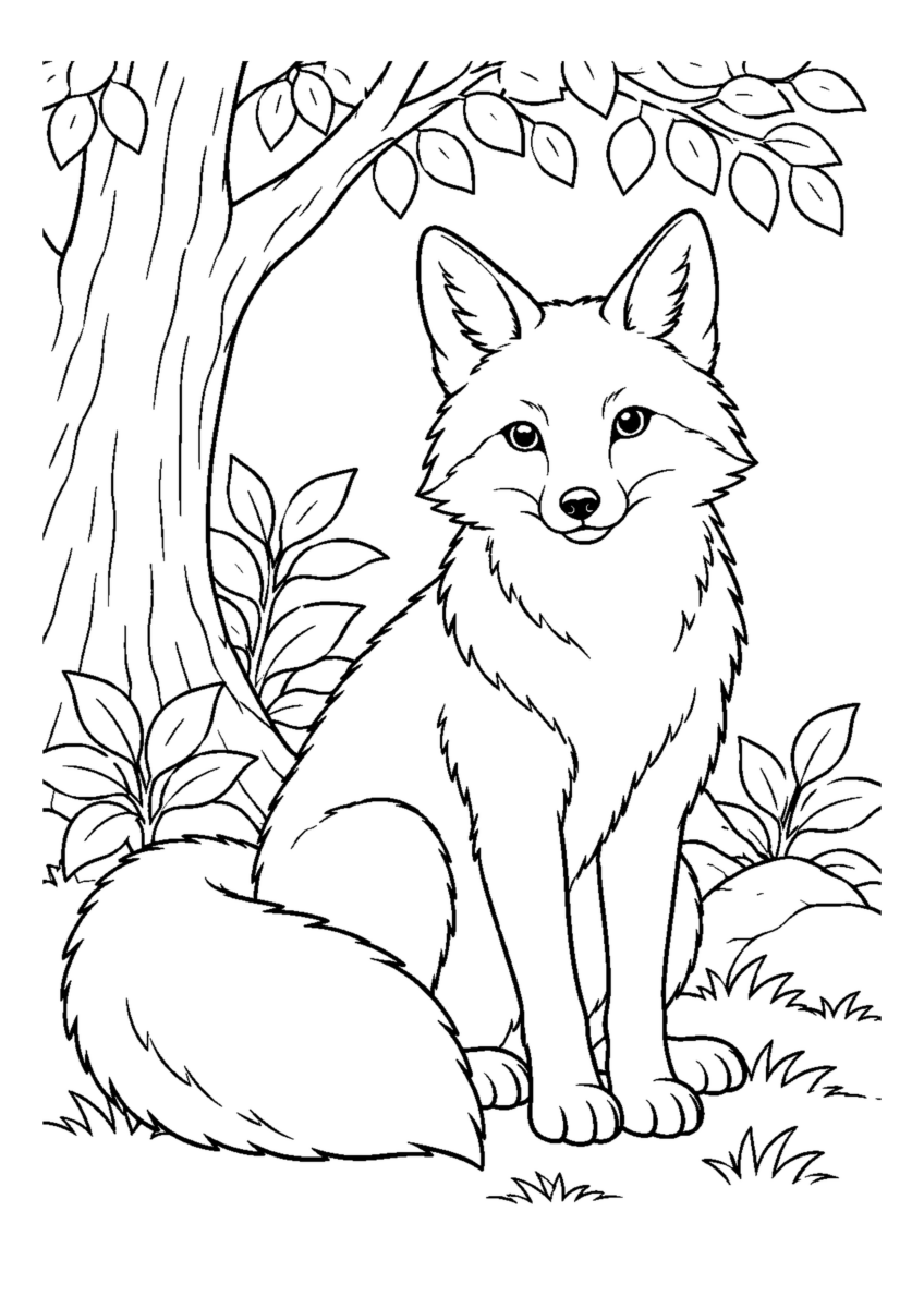 森の木陰のきつねを大きく描いた高齢者向けの白黒塗り絵