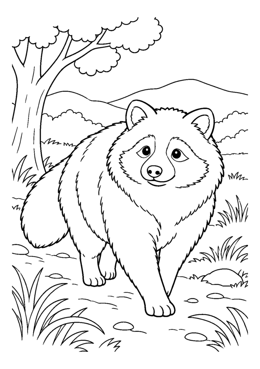 里山を歩くたぬきを大きく描いた高齢者向けの白黒塗り絵