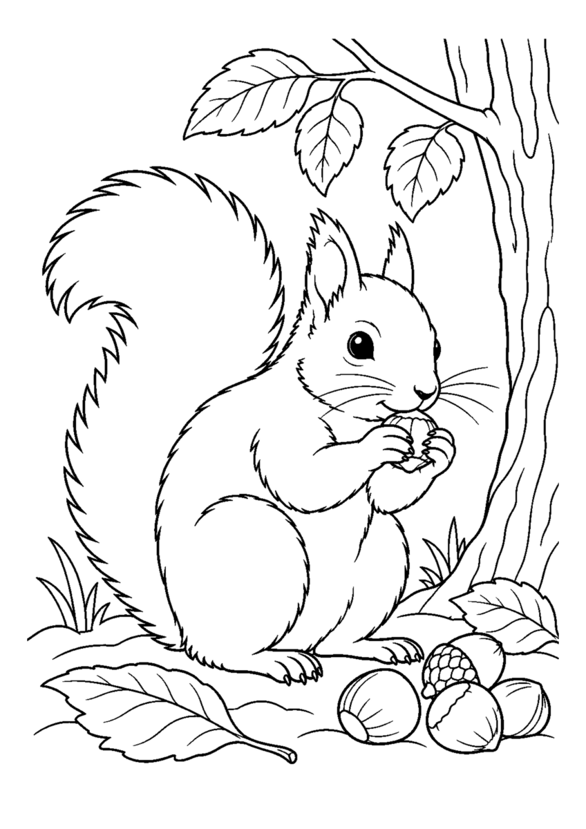 木の実を食べるにほんりすを大きく描いた高齢者向けの白黒塗り絵