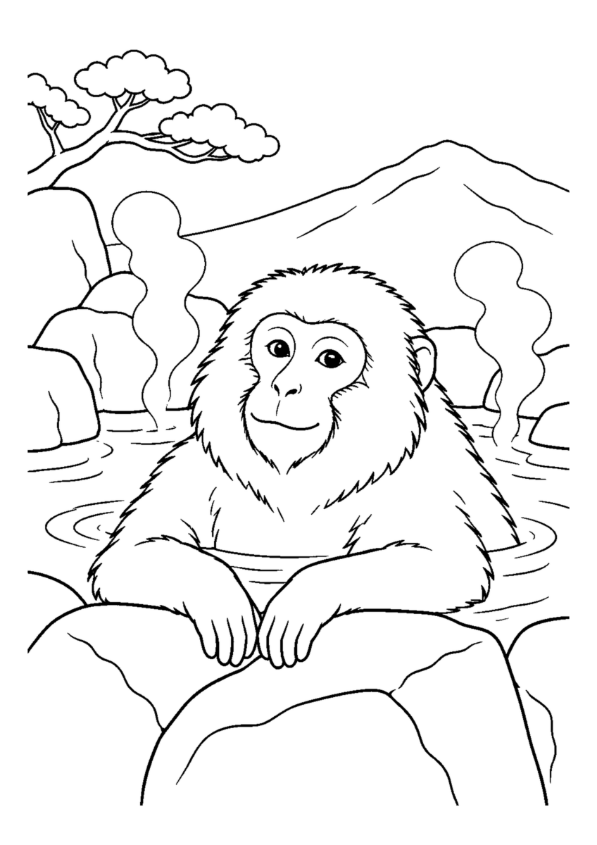 温泉に入るにほんざるを大きく描いた高齢者向けの白黒塗り絵