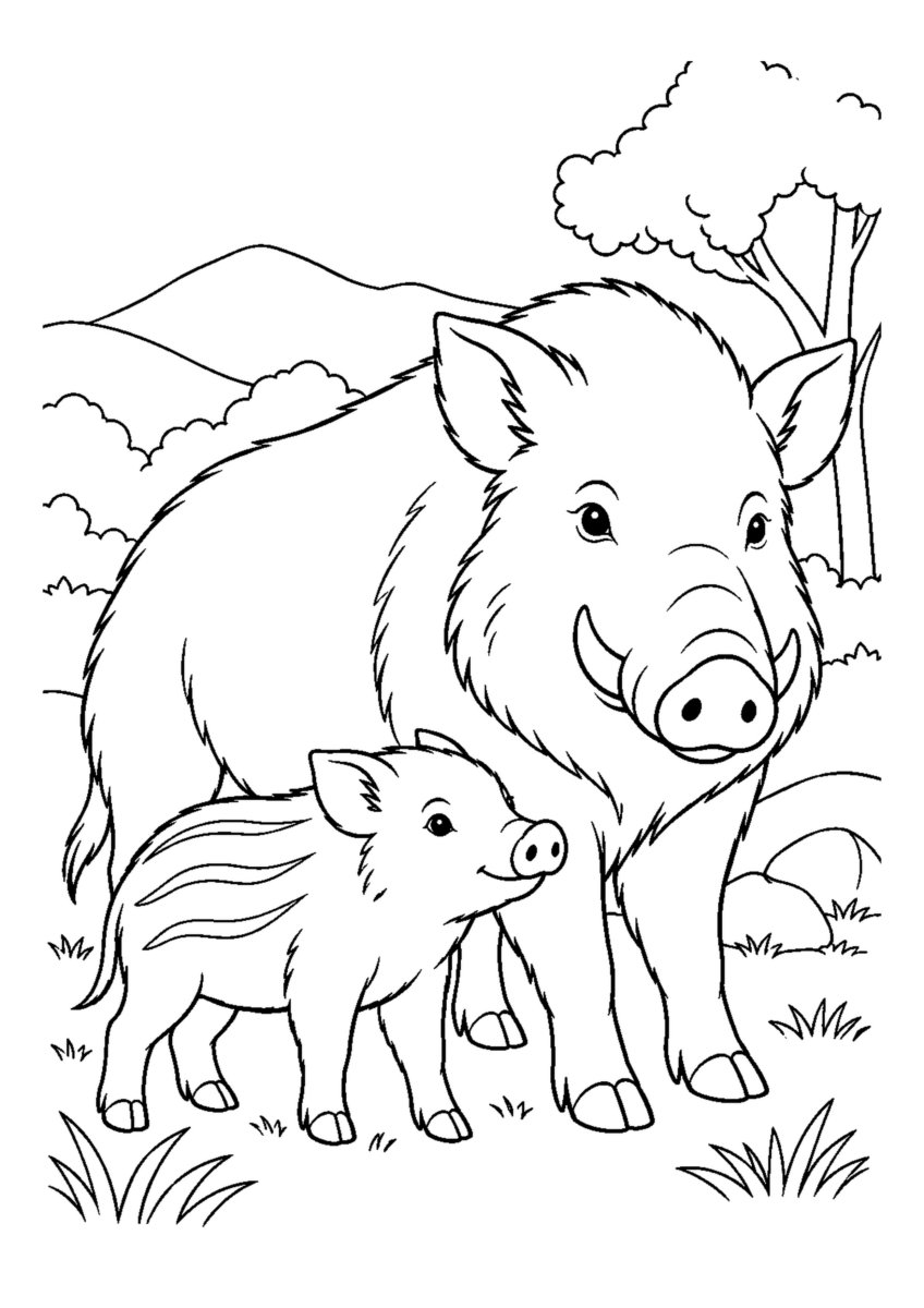 親子のいのししを大きく描いた高齢者向けの白黒塗り絵