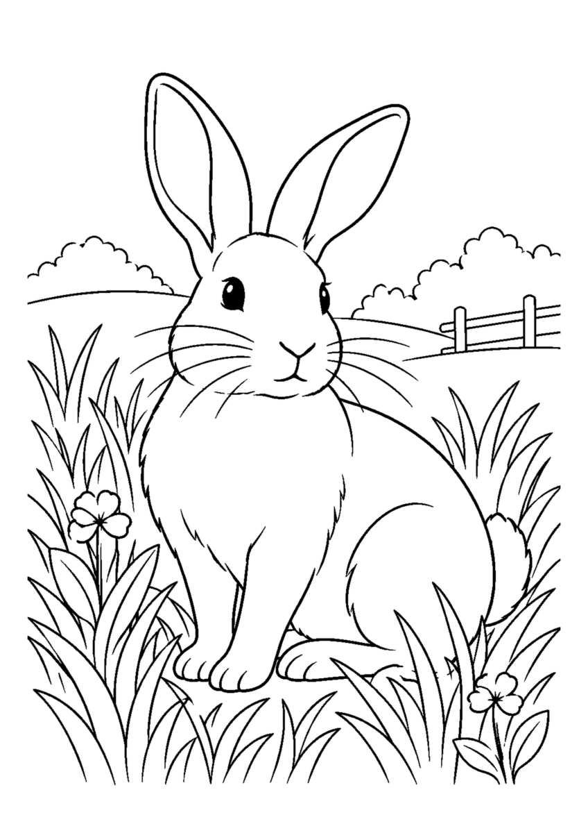 草むらののうさぎを大きく描いた高齢者向けの白黒塗り絵