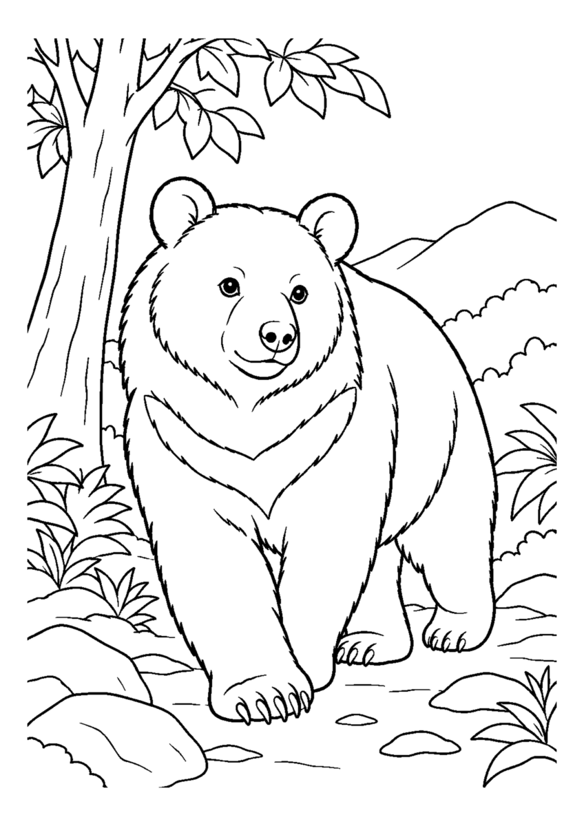 森を歩くつきのわぐまを大きく描いた高齢者向けの白黒塗り絵
