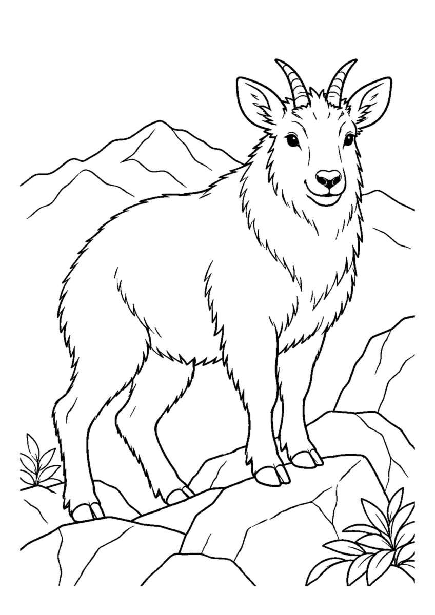 岩山のにほんかもしかを大きく描いた高齢者向けの白黒塗り絵
