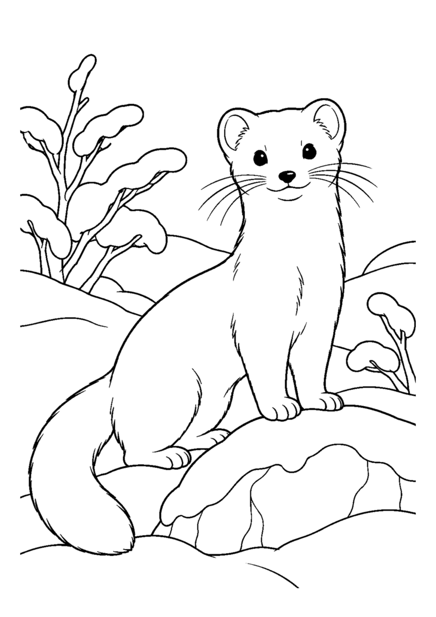 雪の中のおこじょを大きく描いた高齢者向けの白黒塗り絵