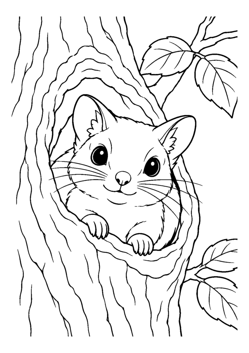 木の穴から顔を出すむささびを大きく描いた高齢者向けの白黒塗り絵