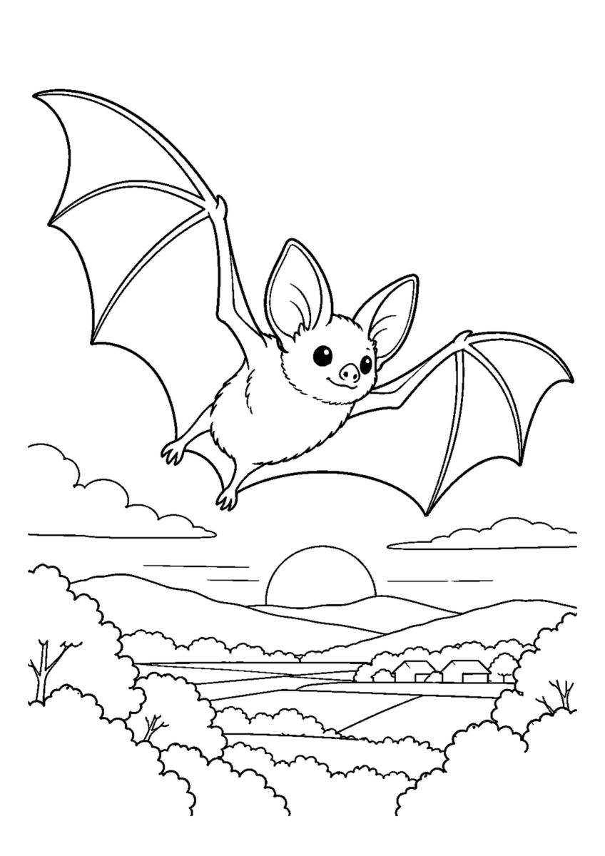 夕空を飛ぶこうもりを大きく描いた高齢者向けの白黒塗り絵