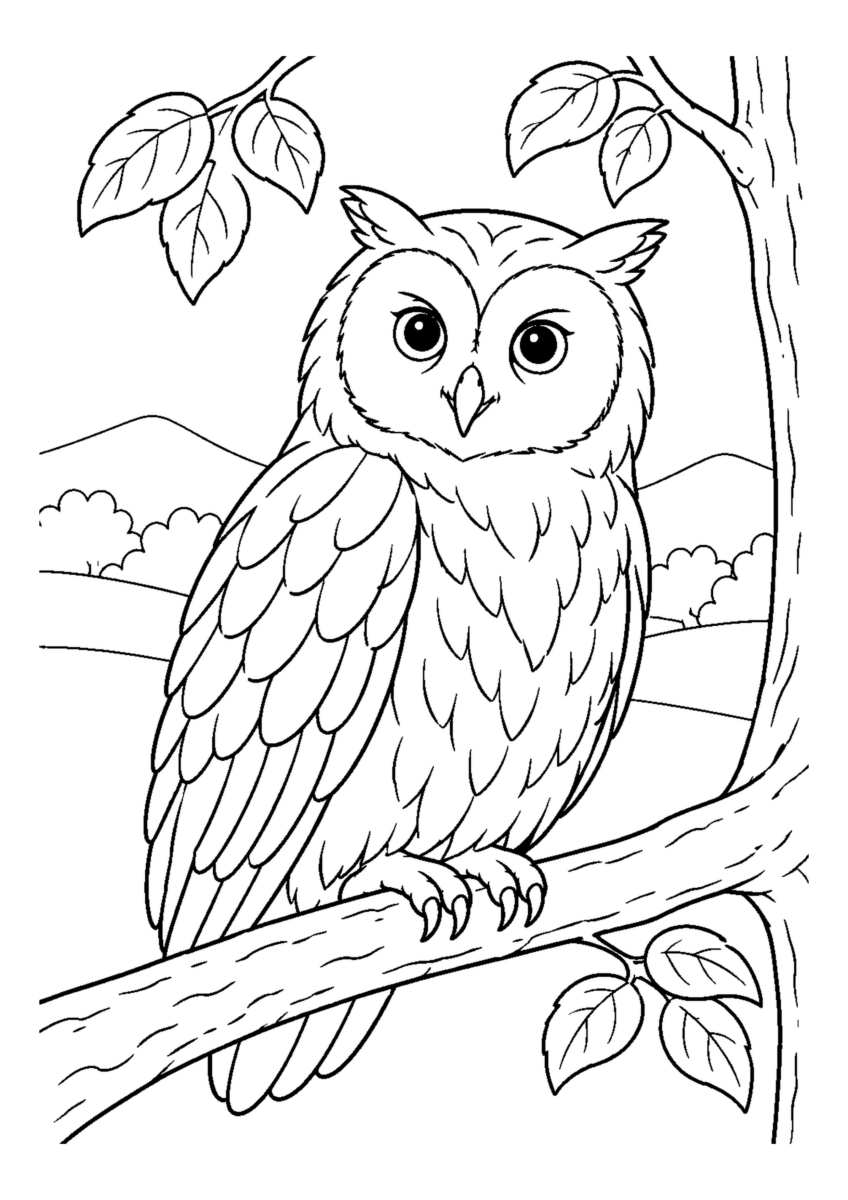 枝にとまるふくろうを大きく描いた高齢者向けの白黒塗り絵