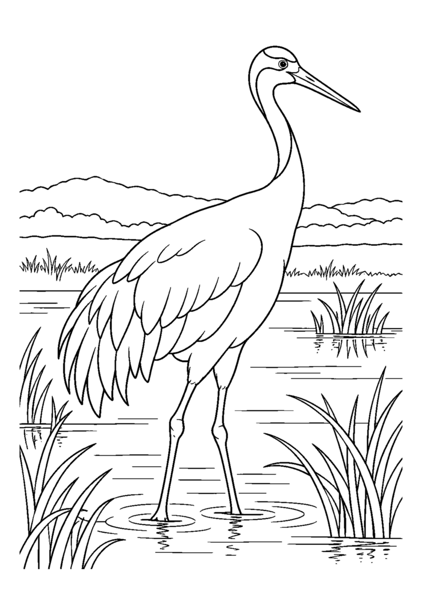 湿原のたんちょうを大きく描いた高齢者向けの白黒塗り絵