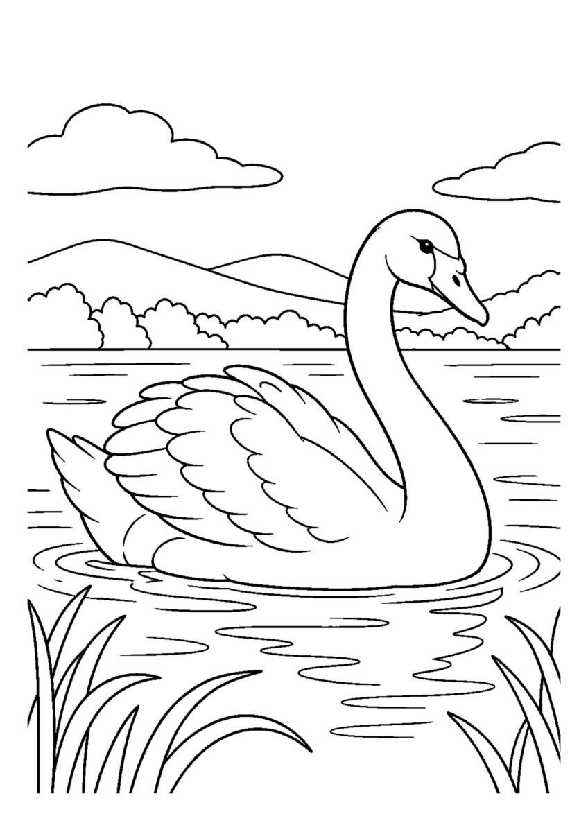 湖を泳ぐ白鳥を大きく描いた高齢者向けの白黒塗り絵
