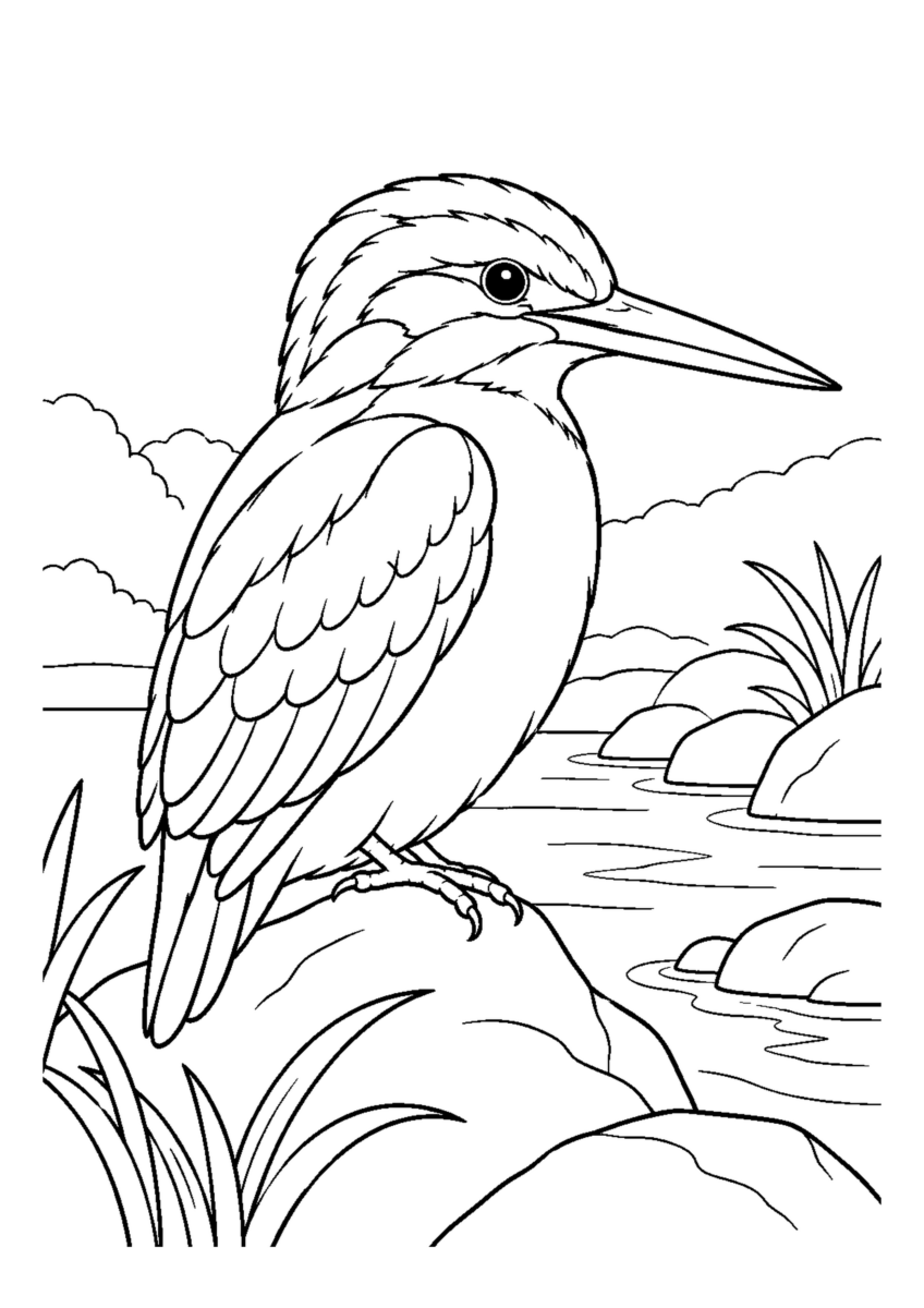 川辺のかわせみを大きく描いた高齢者向けの白黒塗り絵