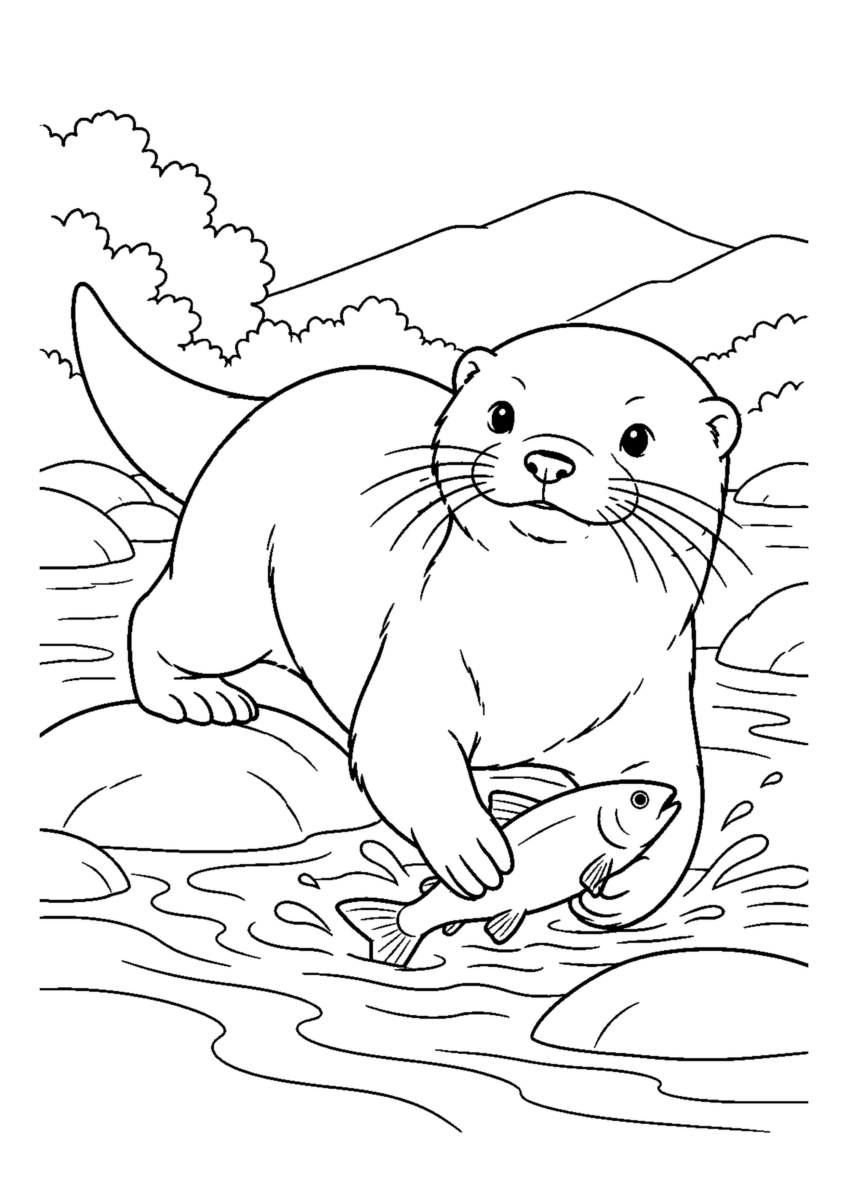 川で魚を捕るかわうそを大きく描いた高齢者向けの白黒塗り絵