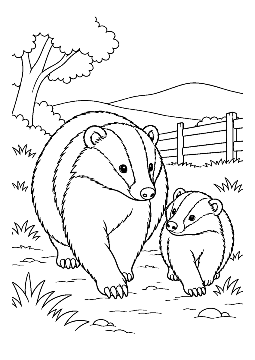親子で歩くあなぐまを大きく描いた高齢者向けの白黒塗り絵