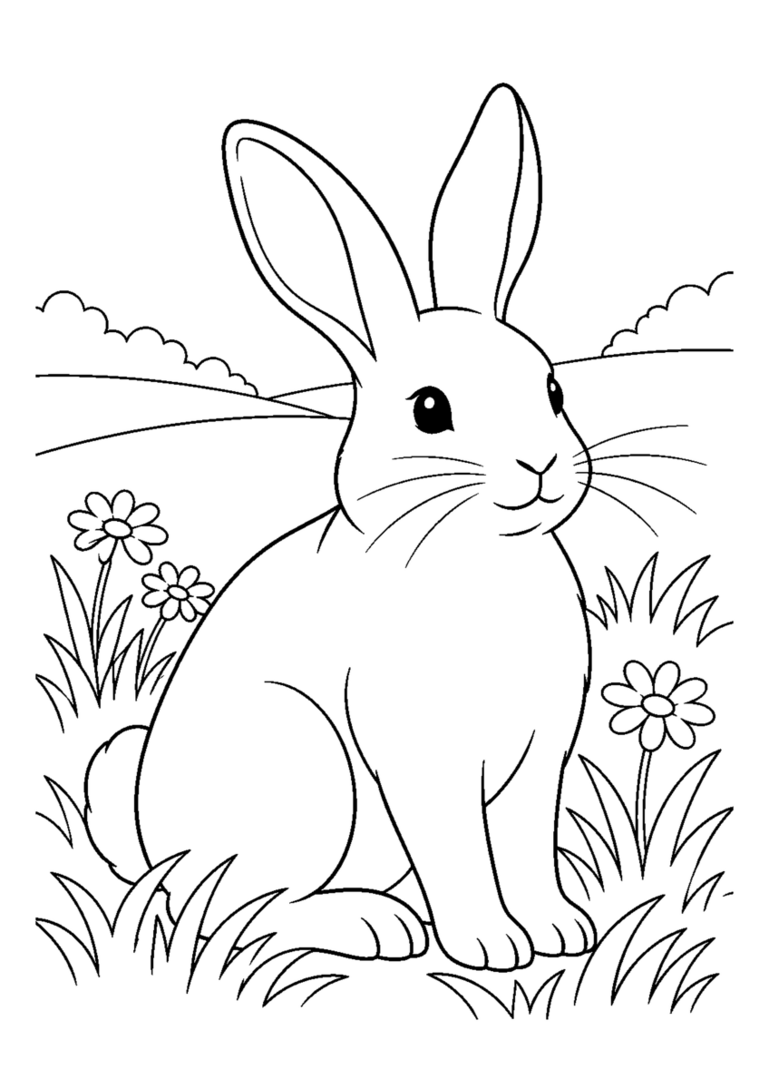草原の白うさぎを大きく描いた高齢者向けの白黒塗り絵