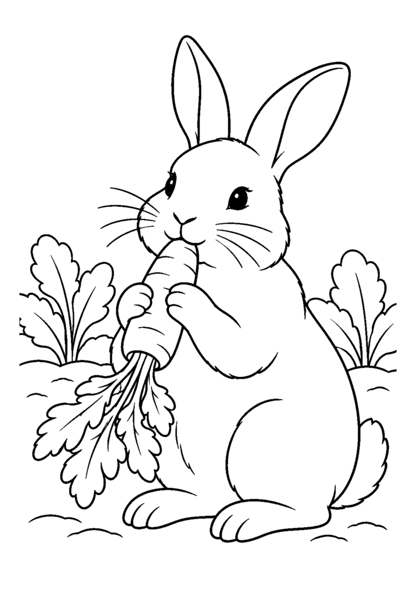人参を食べる茶うさぎを大きく描いた高齢者向けの白黒塗り絵