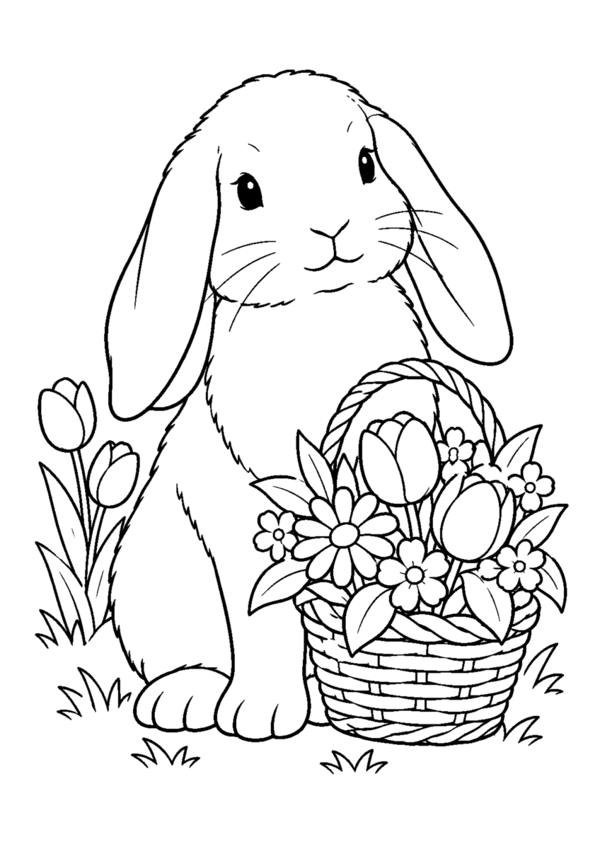 垂れ耳うさぎと花かごを大きく描いた高齢者向けの白黒塗り絵