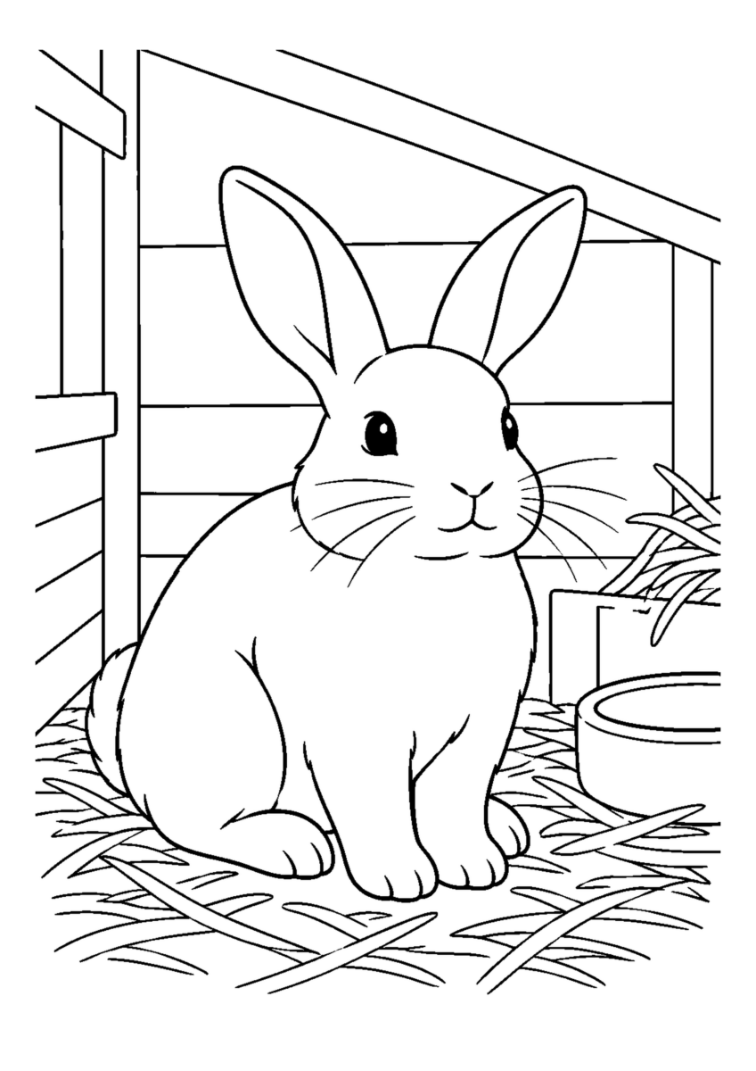 うさぎ小屋の朝を大きく描いた高齢者向けの白黒塗り絵