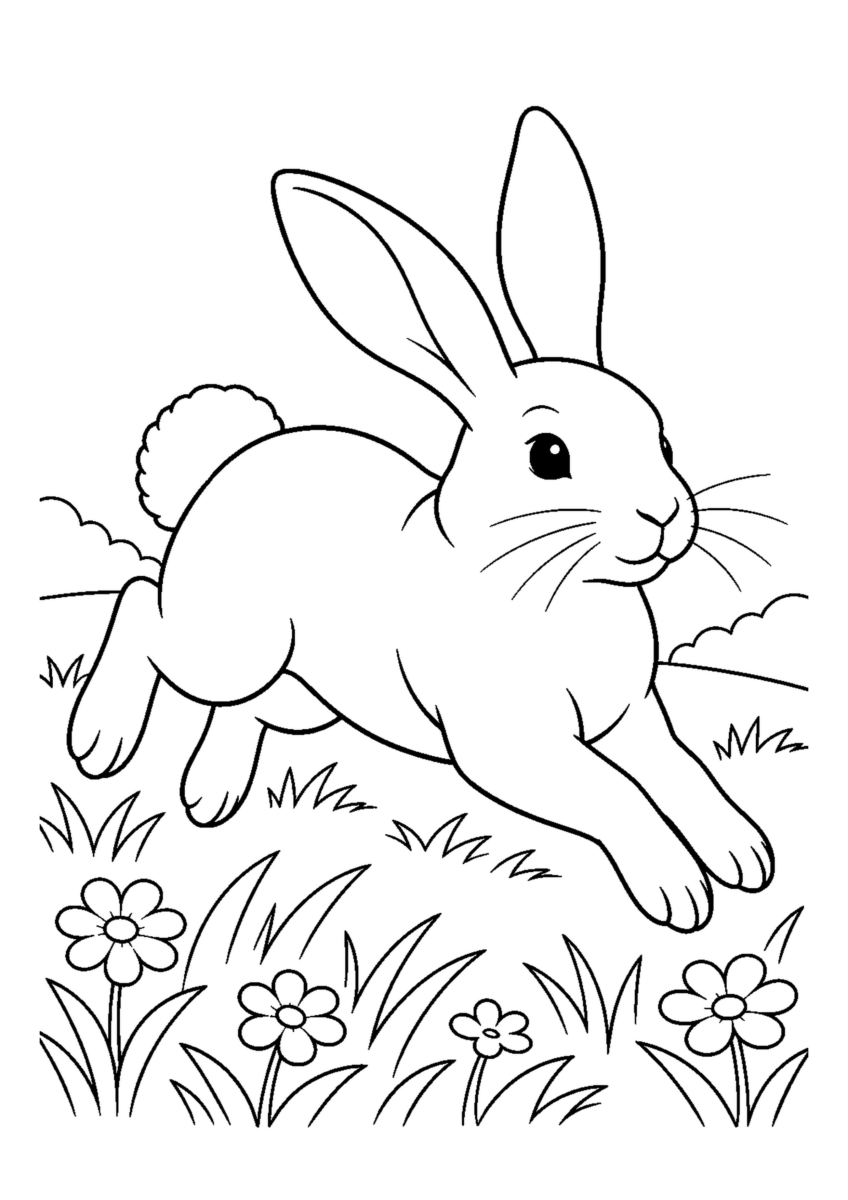 野原を跳ねるうさぎを大きく描いた高齢者向けの白黒塗り絵