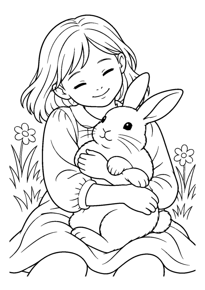子どもに抱かれるうさぎを大きく描いた高齢者向けの白黒塗り絵