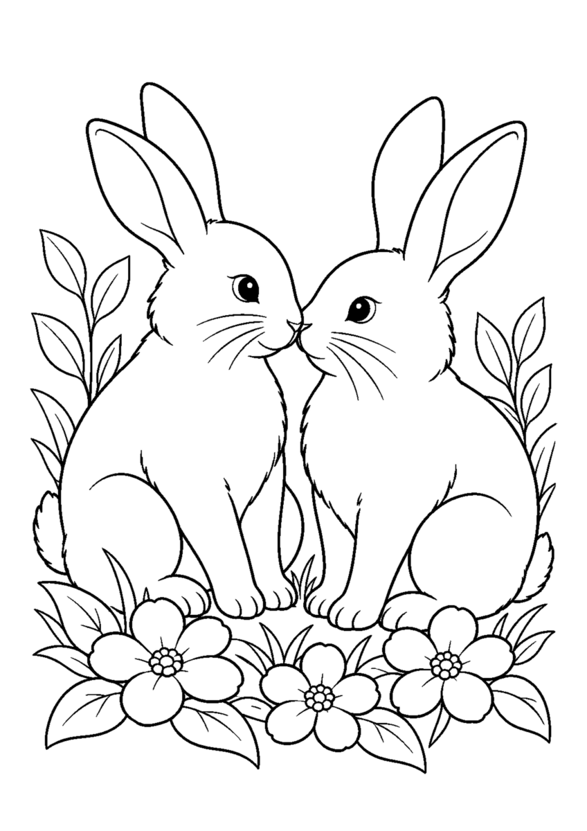 二羽のうさぎが鼻を寄せるを大きく描いた高齢者向けの白黒塗り絵