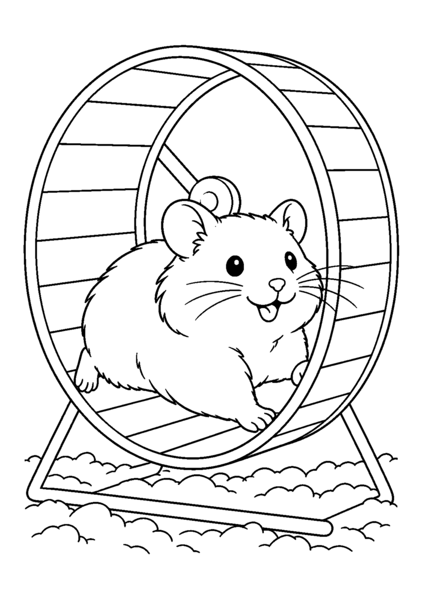 回し車で遊ぶハムスターを大きく描いた高齢者向けの白黒塗り絵