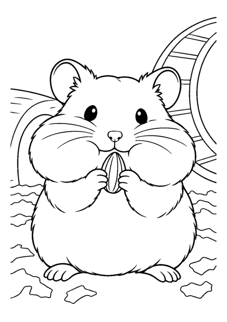 頬袋をふくらませたハムスターを大きく描いた高齢者向けの白黒塗り絵