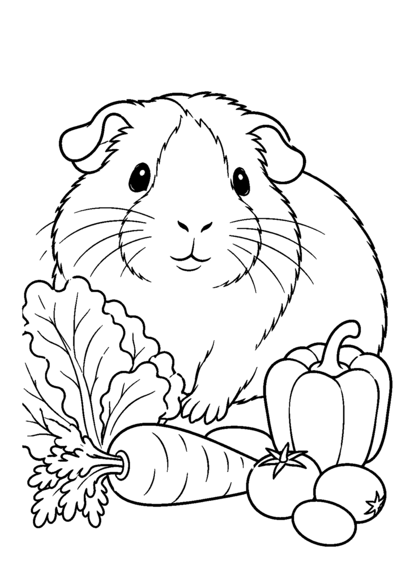 モルモットと野菜を大きく描いた高齢者向けの白黒塗り絵