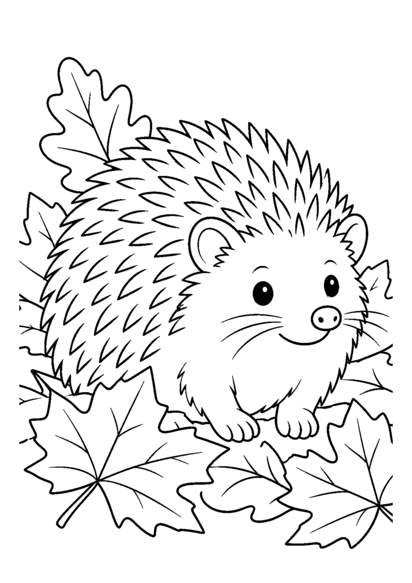 落ち葉の中のハリネズミを大きく描いた高齢者向けの白黒塗り絵