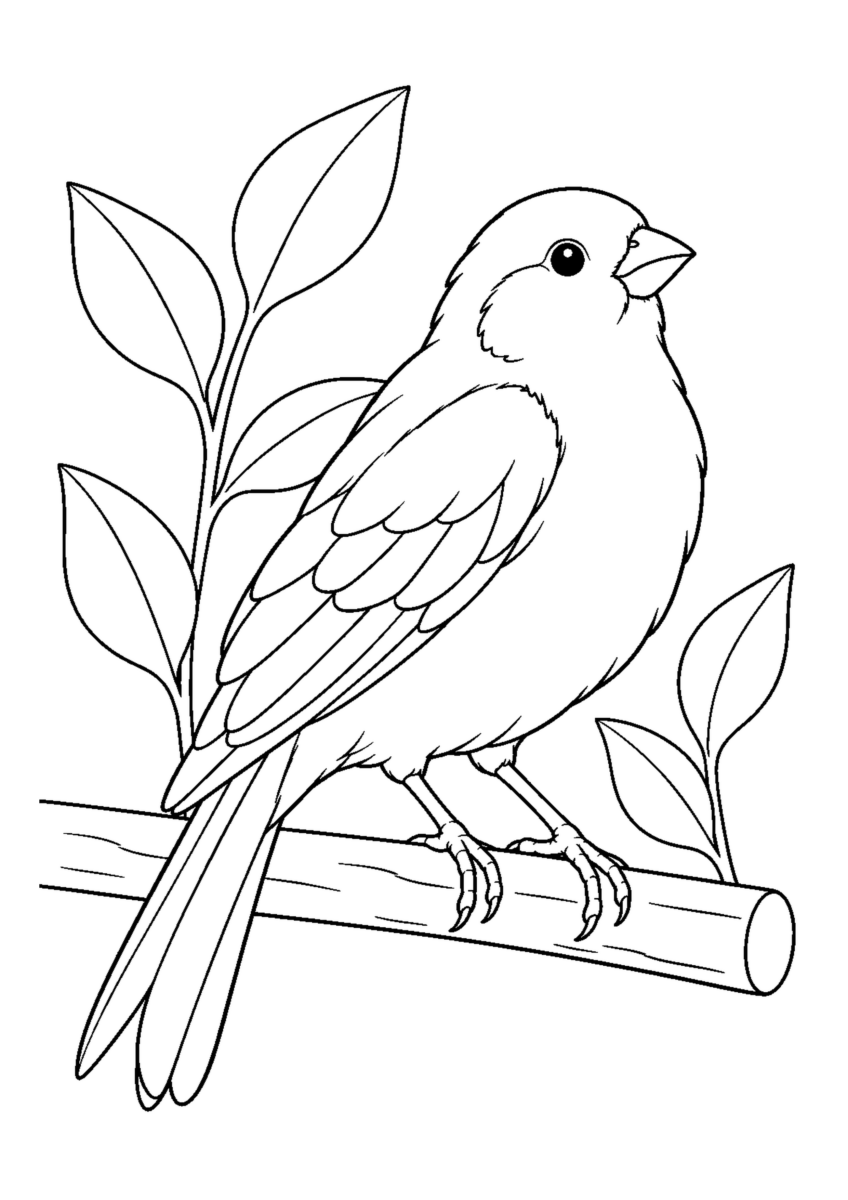 止まり木のカナリアを大きく描いた高齢者向けの白黒塗り絵