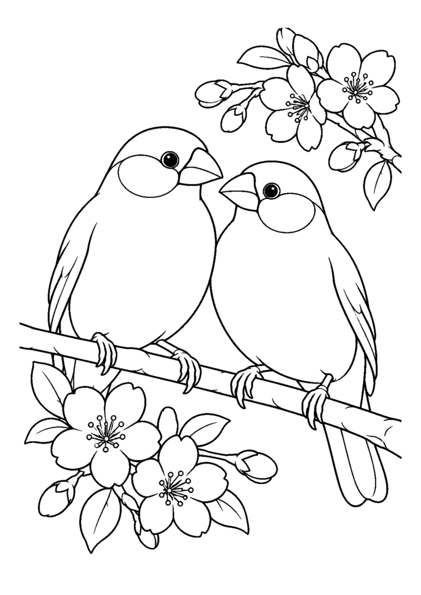 桜文鳥のつがいを大きく描いた高齢者向けの白黒塗り絵