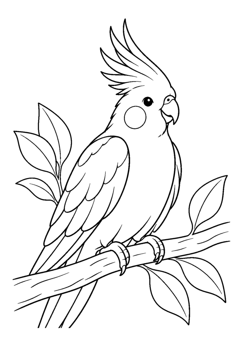 冠羽を広げるオカメインコを大きく描いた高齢者向けの白黒塗り絵