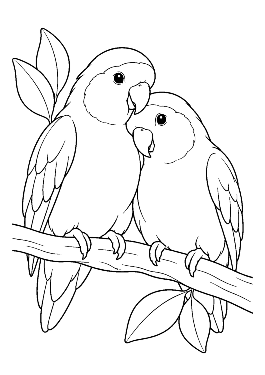 寄り添うコザクラインコを大きく描いた高齢者向けの白黒塗り絵
