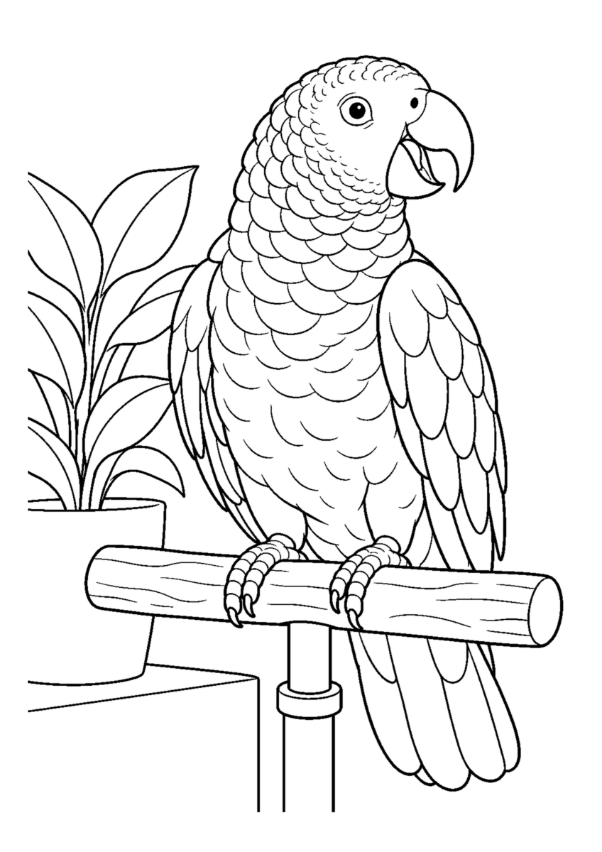 言葉をまねるヨウムを大きく描いた高齢者向けの白黒塗り絵