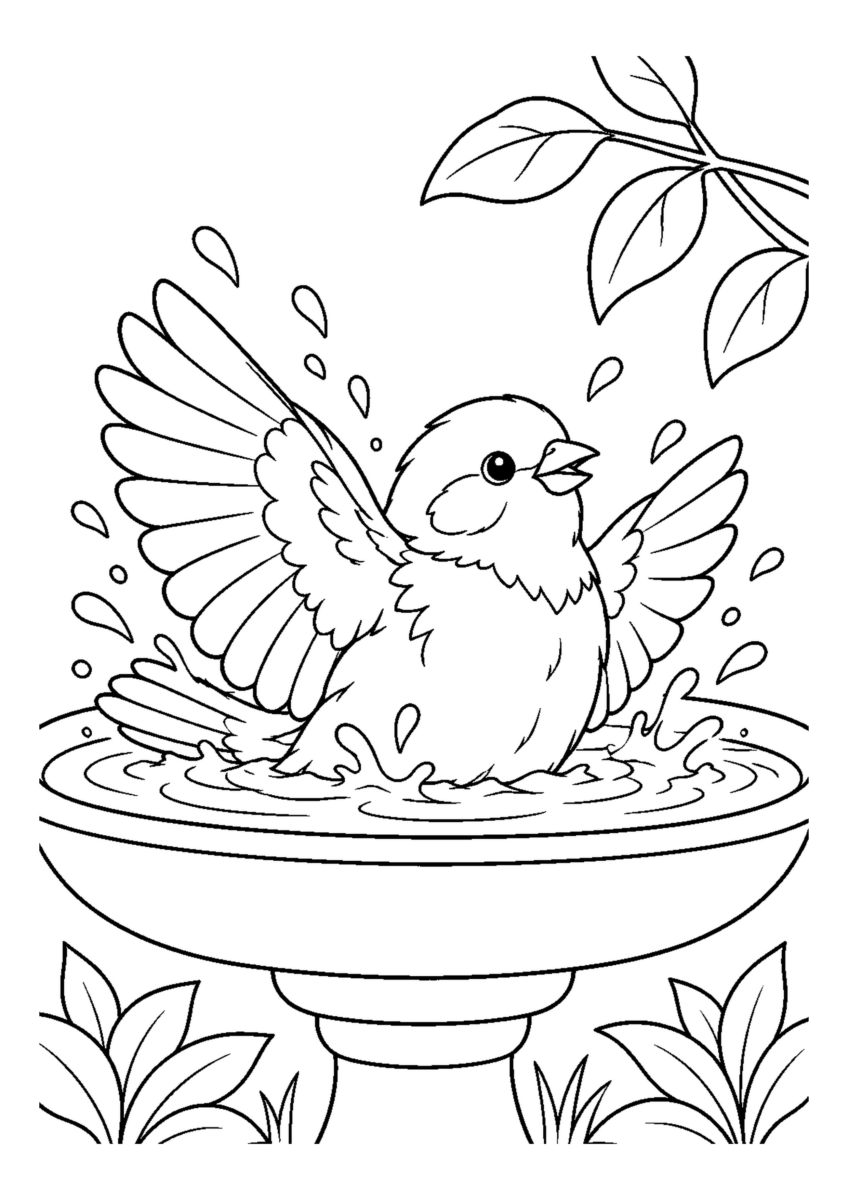 水浴びをするすずめを大きく描いた高齢者向けの白黒塗り絵
