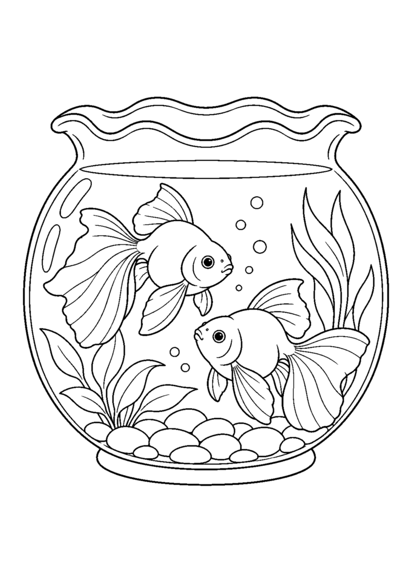 金魚鉢の金魚を大きく描いた高齢者向けの白黒塗り絵