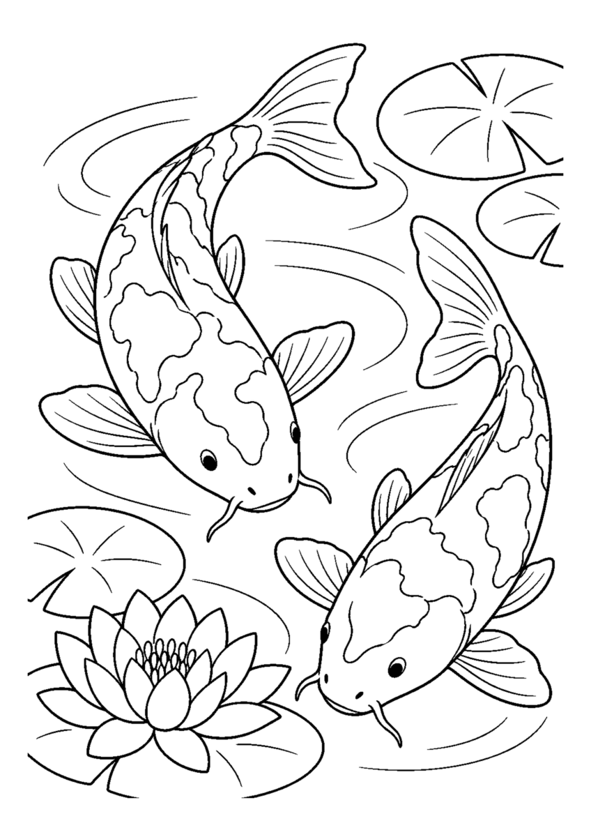 池を泳ぐ錦鯉を大きく描いた高齢者向けの白黒塗り絵