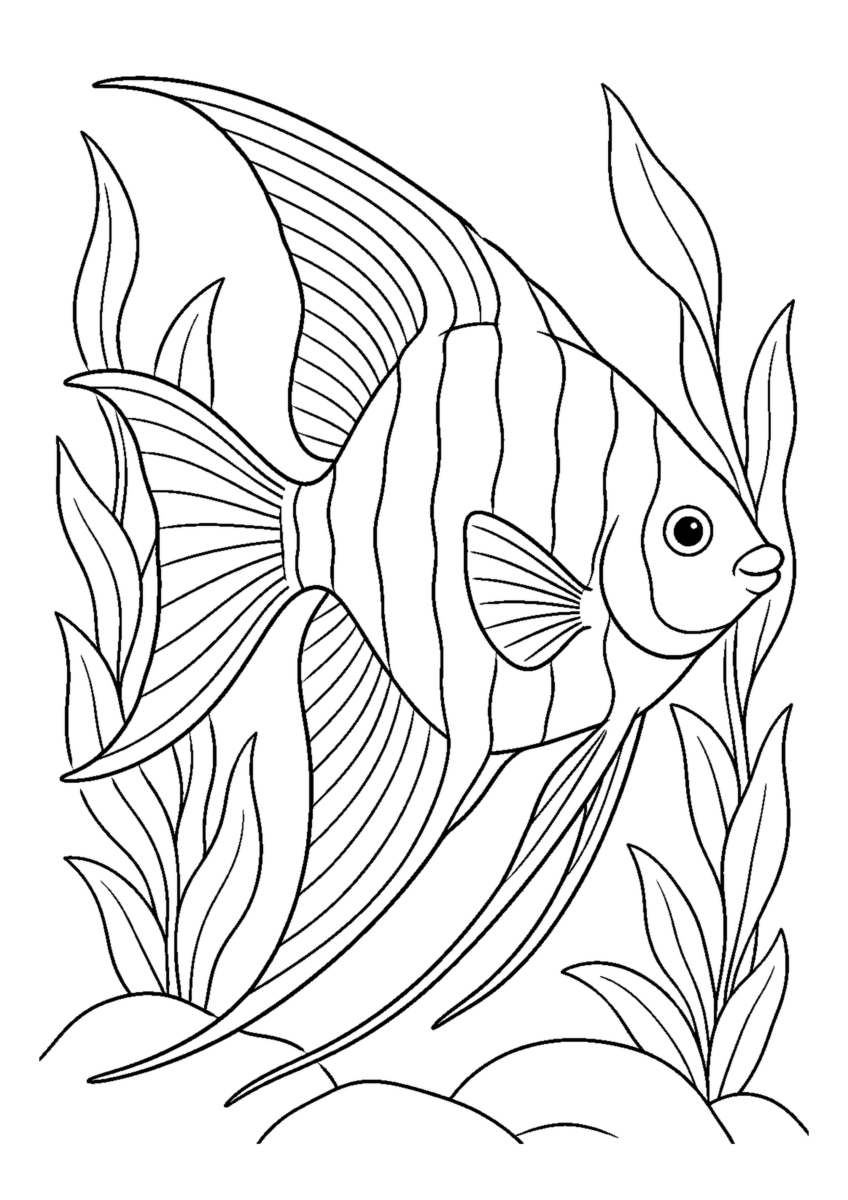 水草の間の熱帯魚を大きく描いた高齢者向けの白黒塗り絵