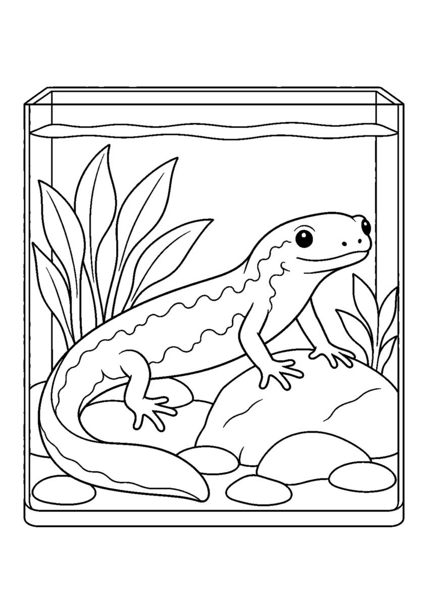 水槽のいもりを大きく描いた高齢者向けの白黒塗り絵