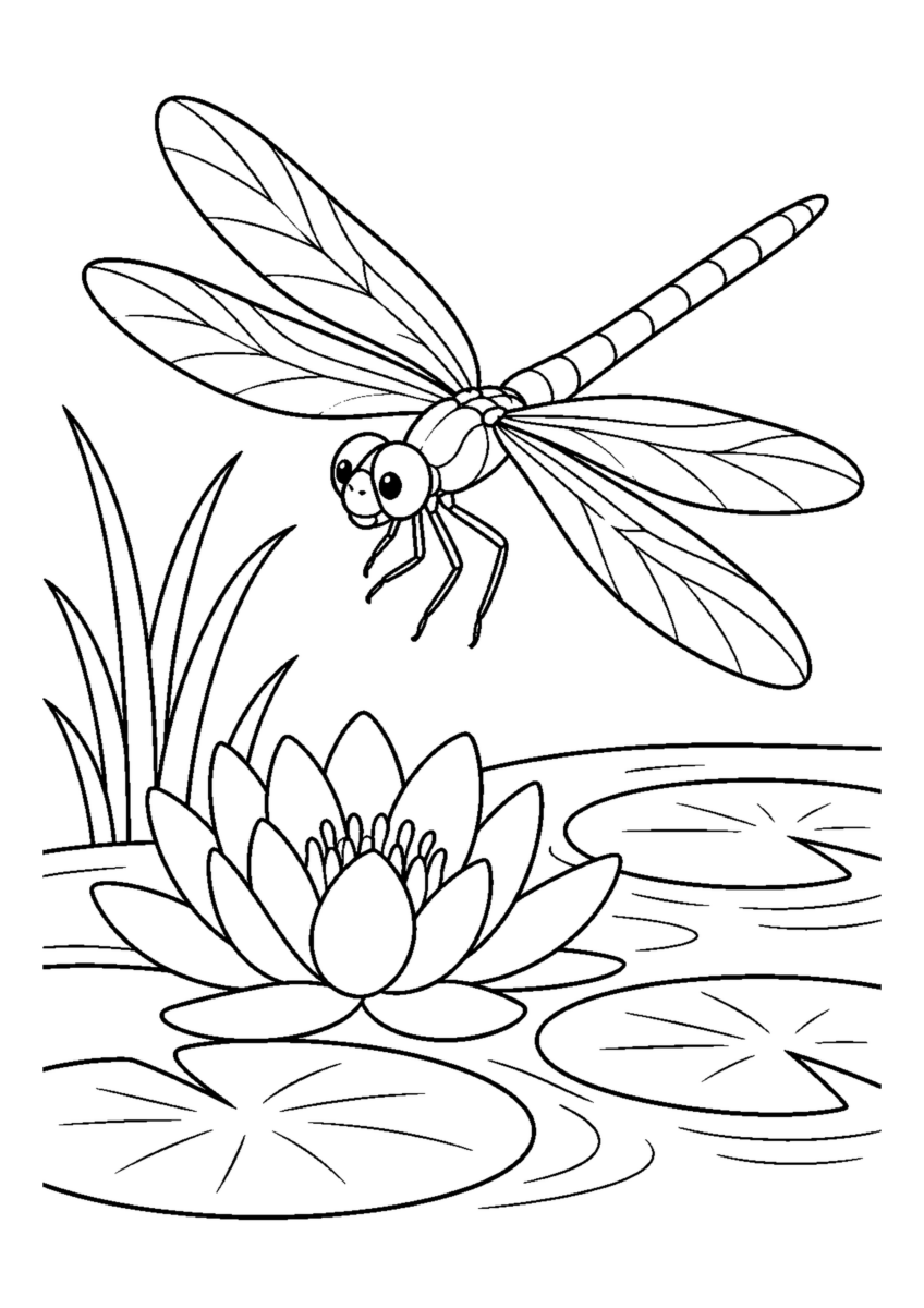 池の上を飛ぶ赤とんぼを大きく描いた高齢者向けの白黒塗り絵