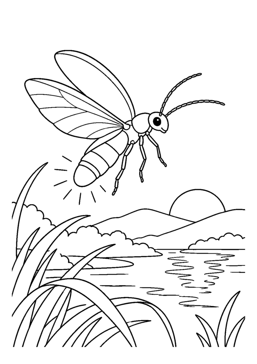 夕暮れのほたるを大きく描いた高齢者向けの白黒塗り絵