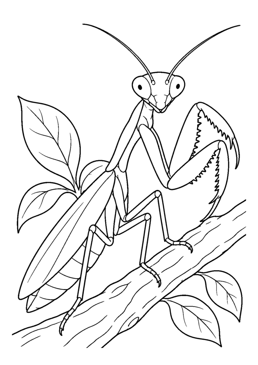 枝に構えるかまきりを大きく描いた高齢者向けの白黒塗り絵