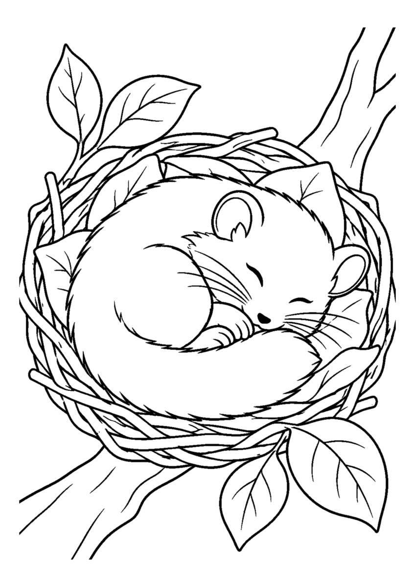巣で眠るやまねを大きく描いた高齢者向けの白黒塗り絵