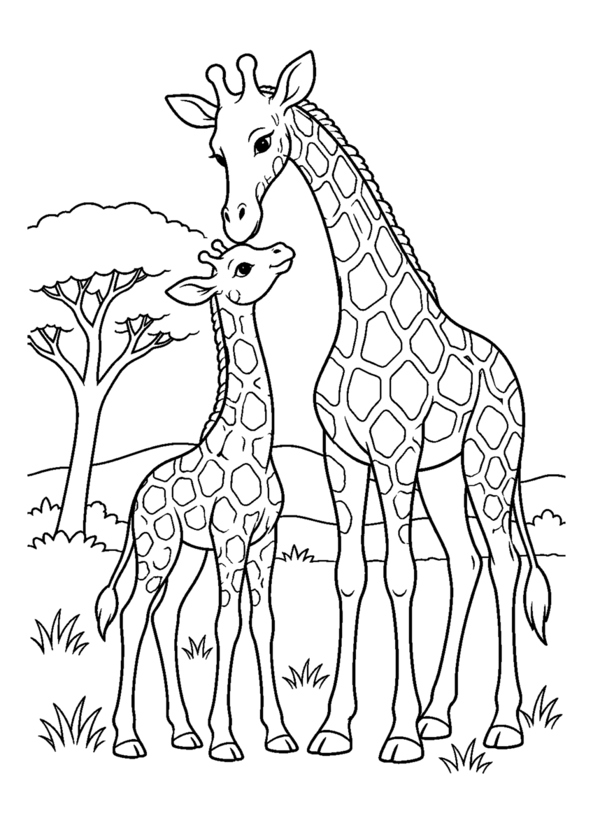 親子のきりんを大きく描いた高齢者向けの白黒塗り絵
