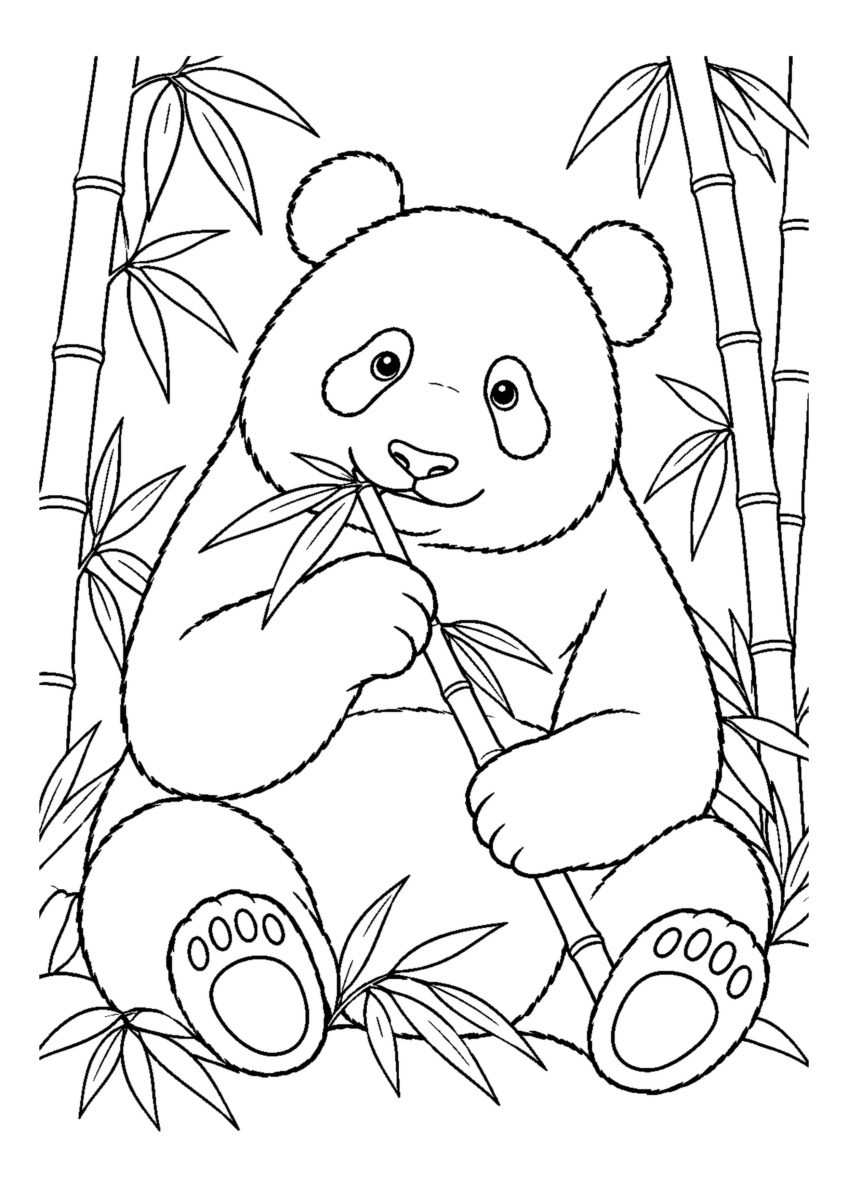 竹林のジャイアントパンダを大きく描いた高齢者向けの白黒塗り絵